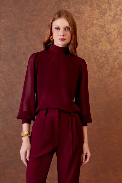 Blusa Manga Longa Detalhe Canelado - Bordeaux