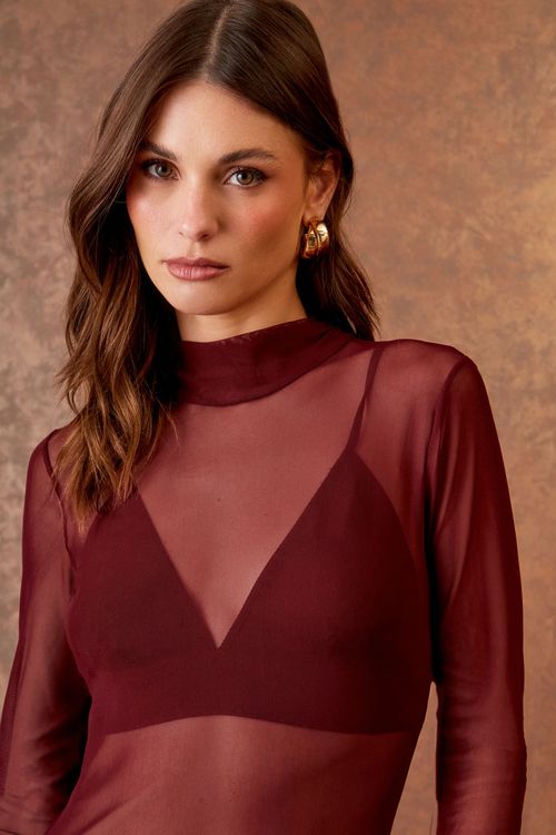Blusa Transparência Gola Alta - Bordeaux