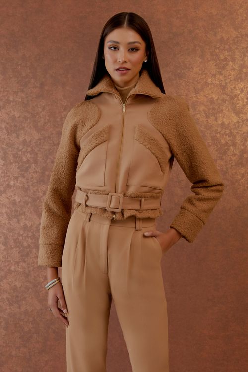 Casaco Detalhe Mix Pelo - Deserto