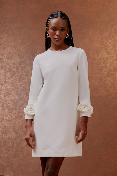 Vestido Curto Flor Manga - Off White