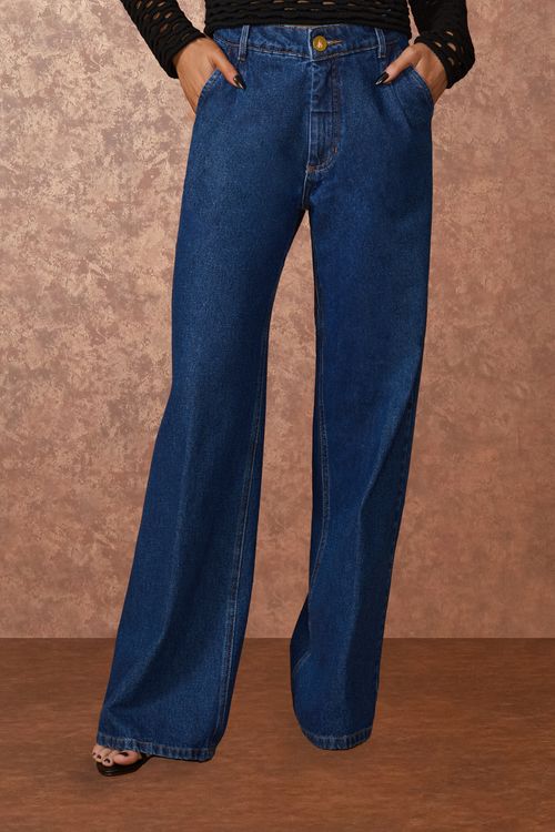 Calça Jeans Bolso Faca Pregas - Jeans Escuro