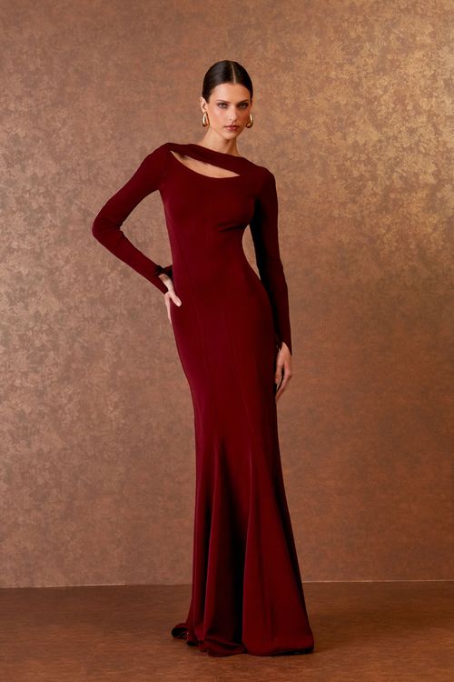 Vestido Longo Fenda Decote - Bordeaux
