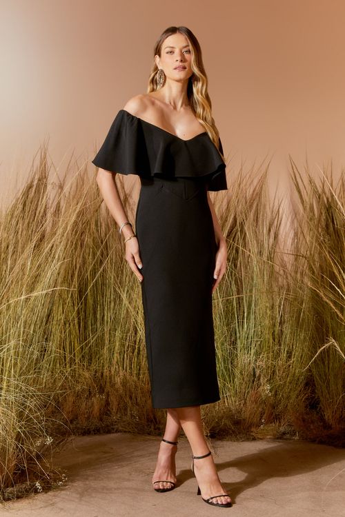 Vestido Midi Recorte Babado