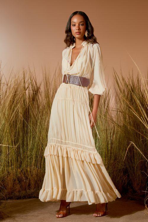 Vestido Midi Pregas Manga