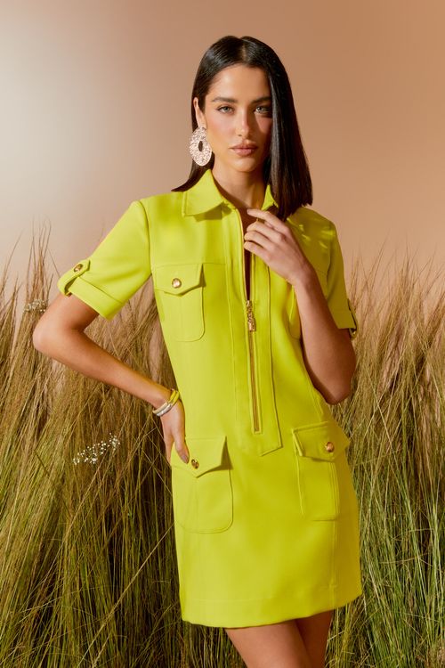 Vestido Zíper Bolsos Utilitario