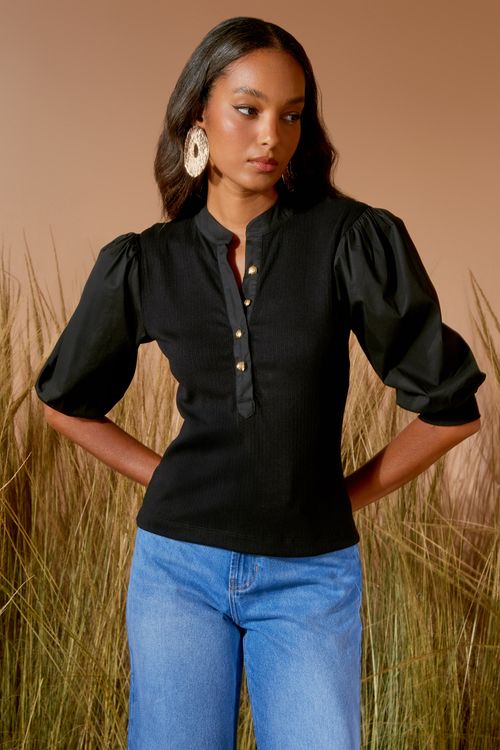 Blusa Polo Mix Tecidos - Preto