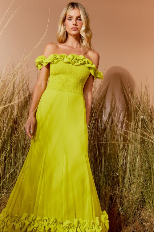 Vestido Longo Ombro A Ombro Babado